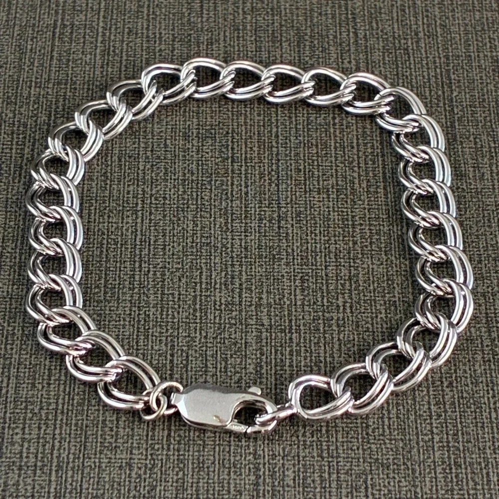 Vintage Sterling Silver Bracelet Double Curb Link Starter Charm Estate 925 7 " - Picture 1 of 10
